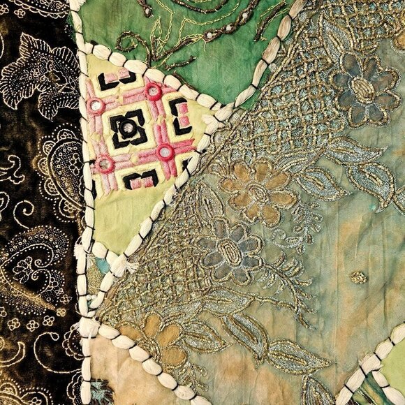 Patchwork Beaded Sari Floor Pillow/Cushion Cover Pair 26" Sq Green Multi Vintage - Picture 3 of 10